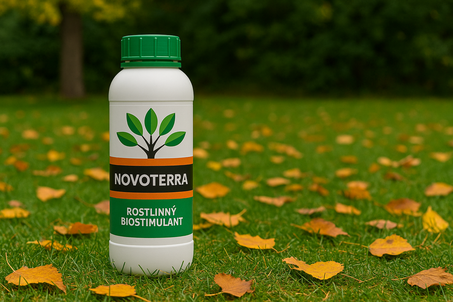 Láhev přírodního biostimulantu Novoterra umístěná na podzimním trávníku s popadanými listy